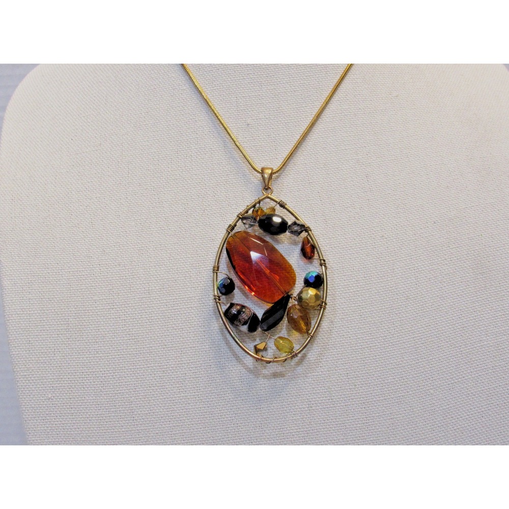 Gold Tone Snake Chain Necklace Amber Multi Bead Wire Wrapped Oval Pendant